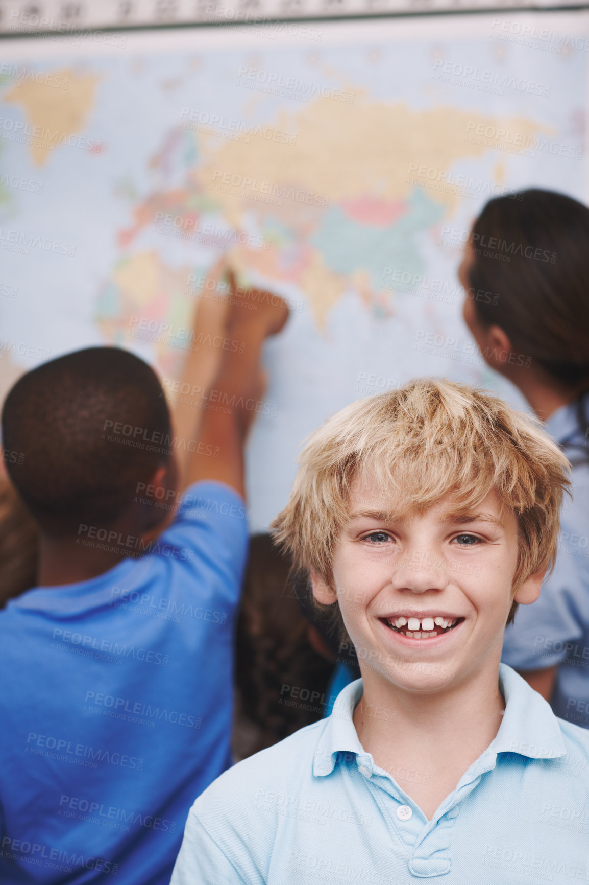 Buy stock photo Map, education and portrait of child in classroom for direction, search and future. Learning, distance and knowledge with students in school for  geography, climate zone and conservation awareness