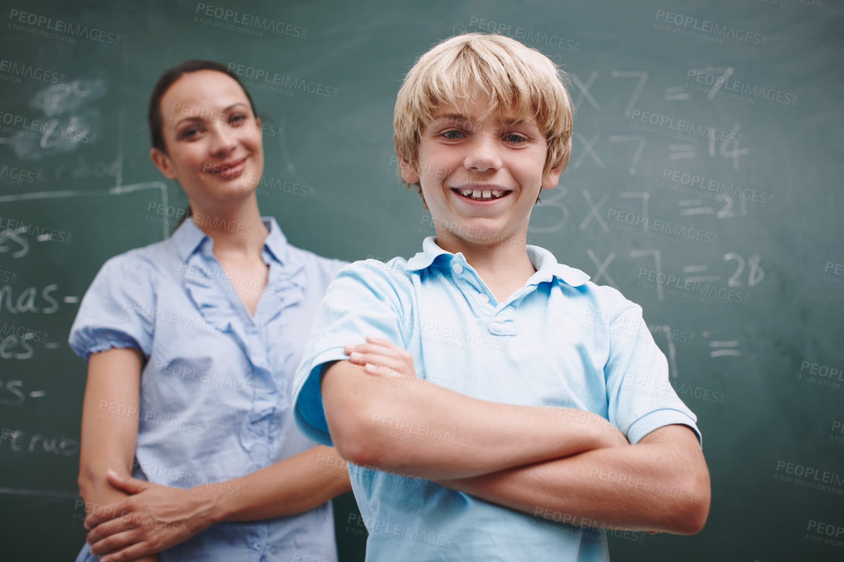 Buy stock photo Portrait, maths and teacher with student for knowledge, learning and support in classroom. Boy learner, chalkboard and smile with educator woman for lesson solution, problem solving and answer