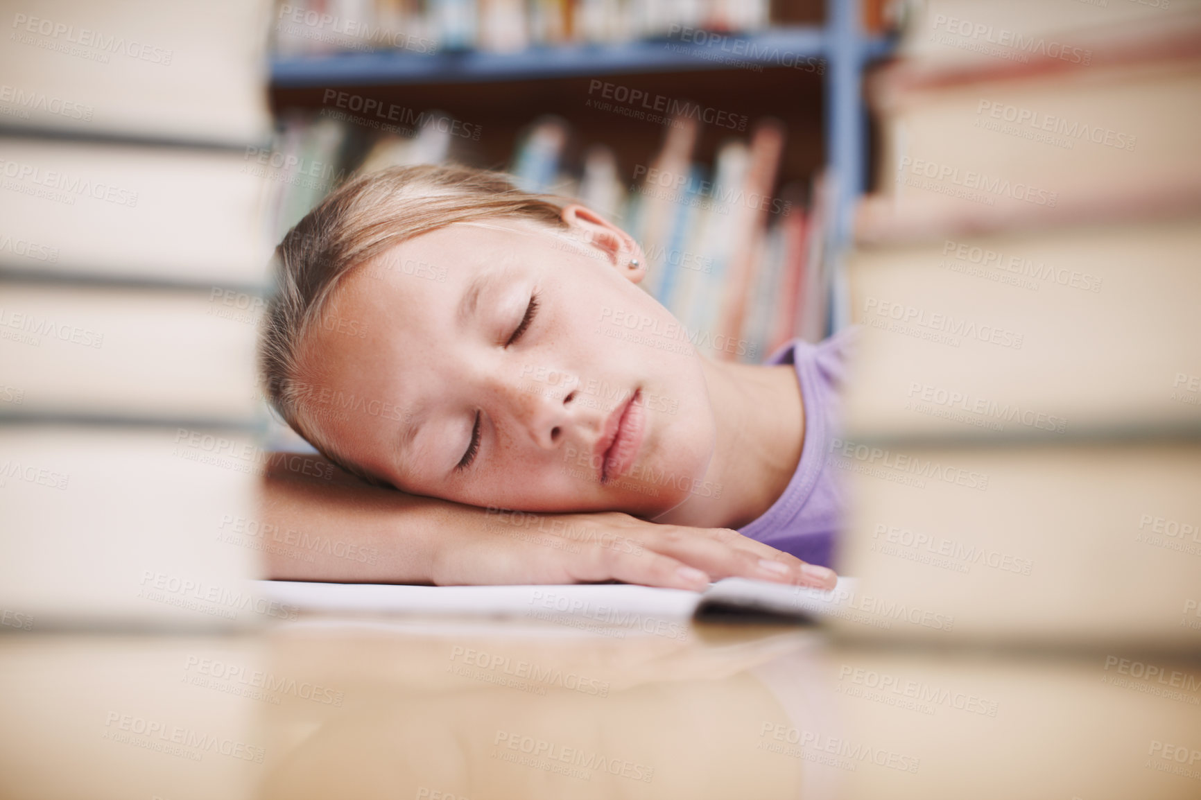 Buy stock photo Girl, exhausted and sleeping in library, studying and rest for assignment, homework and burnout. Tired, deadline and learning for writing project, school student and information for reading education