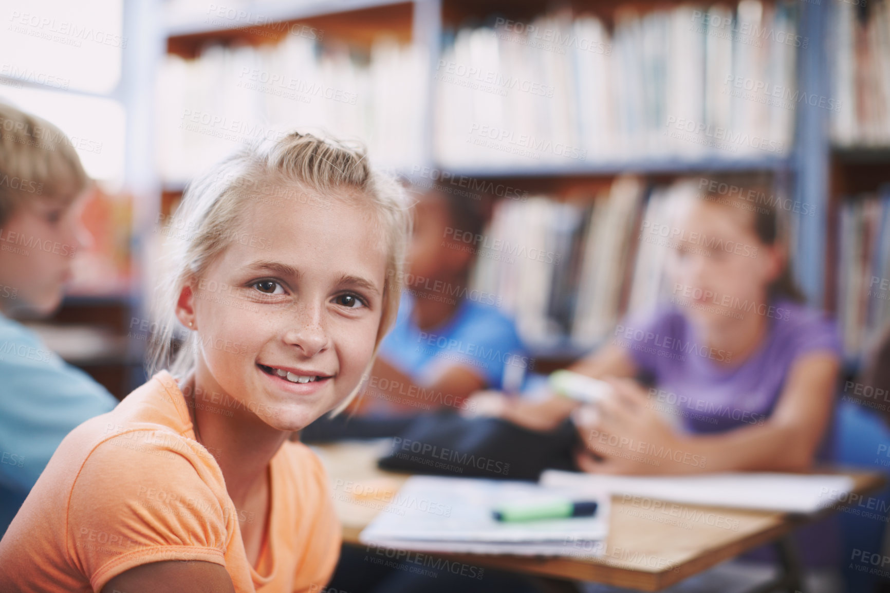 Buy stock photo Portrait, girl and education with books in library for assessment research, learning notes and studying. Child, student and art notebook with school drawing, language development and creative sketch