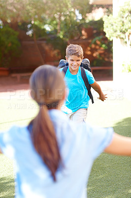 Buy stock photo Sweet little boy running into the arms of his mom after school - copyspace