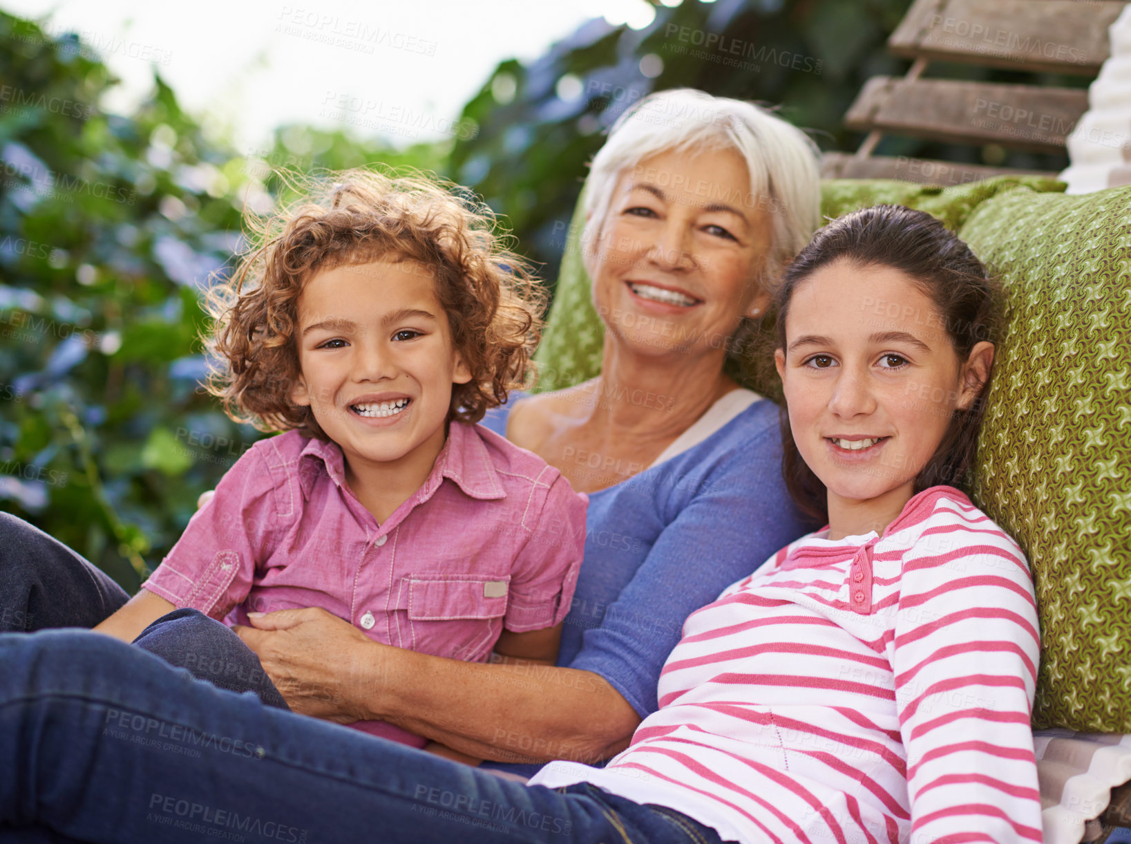 Buy stock photo Relax, grandmother and children in a garden, portrait and happiness with vacation and weekend break. Face, smile and outdoor with granny and cheerful with holiday and bonding together with grandkids