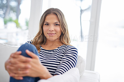 Buy stock photo Portrait, home and woman on sofa, relax and happiness with weekend break, resting and peaceful. Face, apartment and cheerful person on couch, girl and joyful with wellness, comfort or calm in lounge