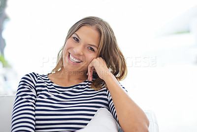 Buy stock photo Portrait, home and woman on couch, relax and happiness with weekend break, confidence and smile. Face, apartment and cheerful person on sofa, girl or pride with wellness, comfort or resting in lounge