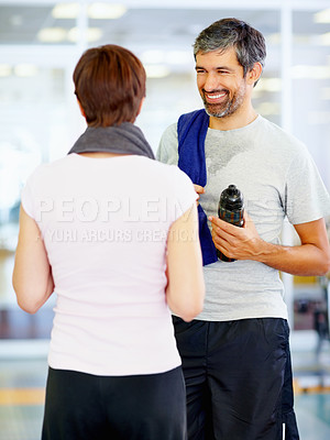 Buy stock photo Portrait of man and woman conversing at fitness center