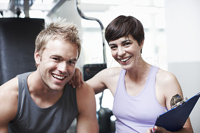 Buy stock photo Personal trainer, checklist and portrait of people in gym for workout notes, support or healthy body. Woman, man and happy with clipboard in session for exercise, help or tracking progress in fitness