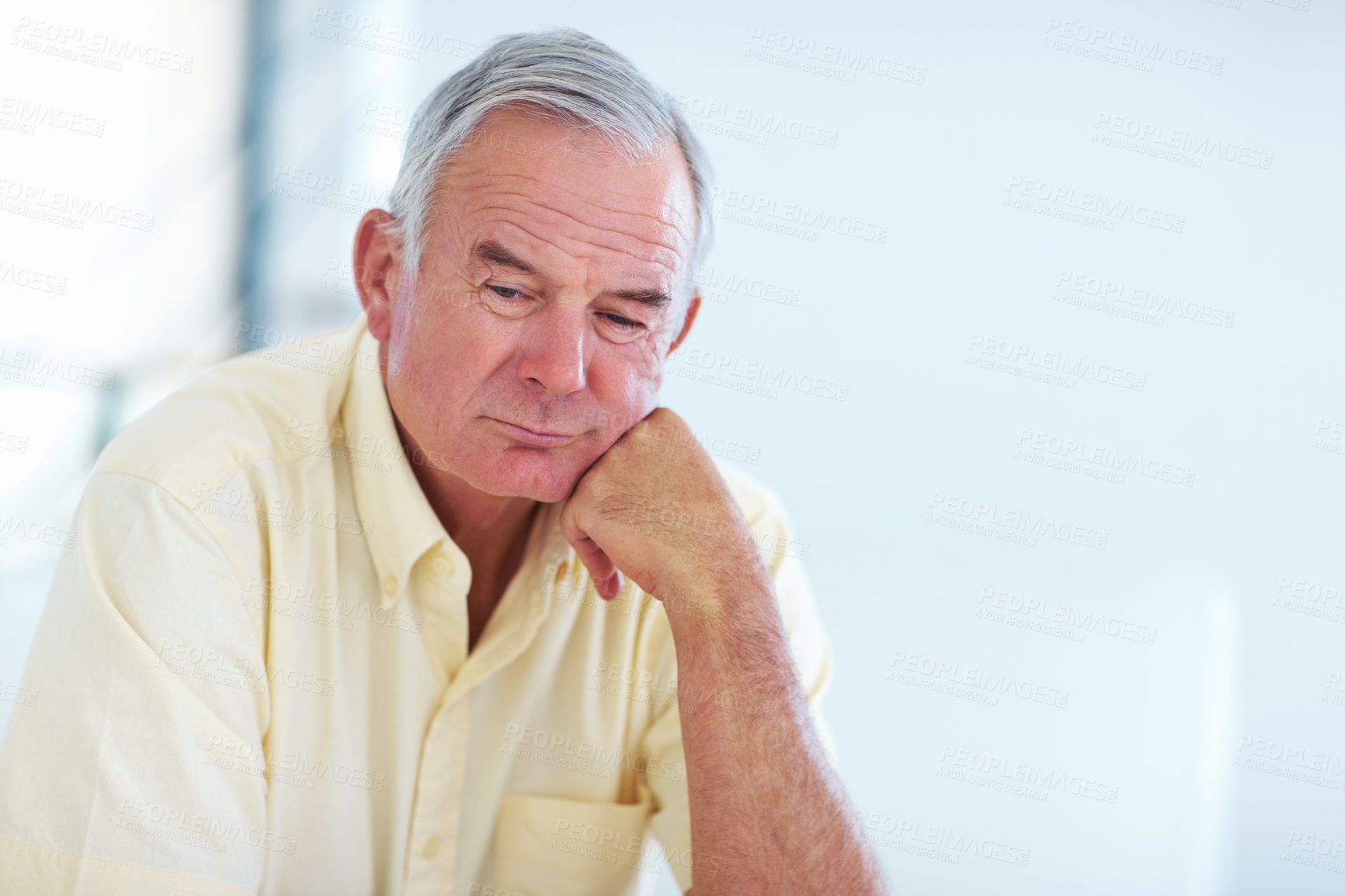 Buy stock photo Home, senior man and thinking on sofa for brainstorming, memory and thoughts in retirement on couch. Mockup space, male person and serious with ideas for decision, choice and calm in living room