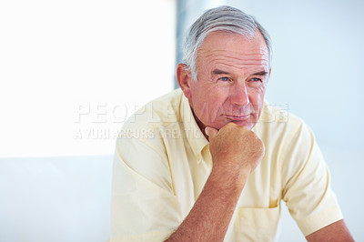 Buy stock photo Closeup portrait of handsome mature man resting chin on hand