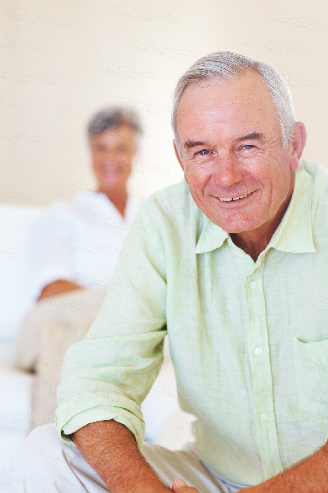 Buy stock photo Old man, portrait and happy in home  for relax, weekend and retirement on sofa with good health. Elderly people, face and smile for comfort, peace and break on couch in living room with positive mood