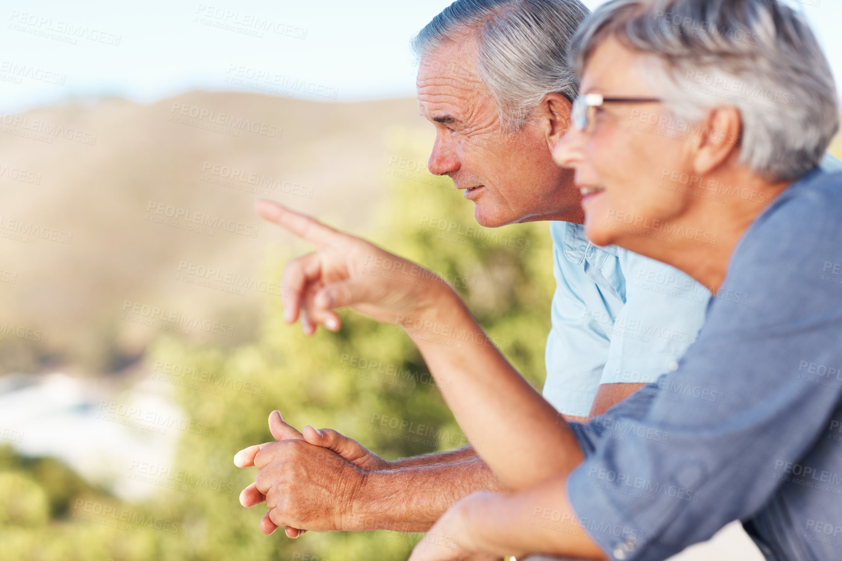 Buy stock photo Love, nature and elderly couple with balcony, point and bonding for retirement rest. Happy, care and senior man with woman and romantic date, holiday or vacation together with garden view in Canada