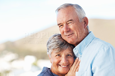 Buy stock photo Portrait of smiling mature woman leaning on man's chest