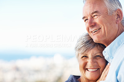 Buy stock photo Closeup of happy mature woman smiling with cheerful man outdoors