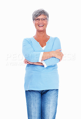 Buy stock photo Happy mature woman smiling over white background with hands folded