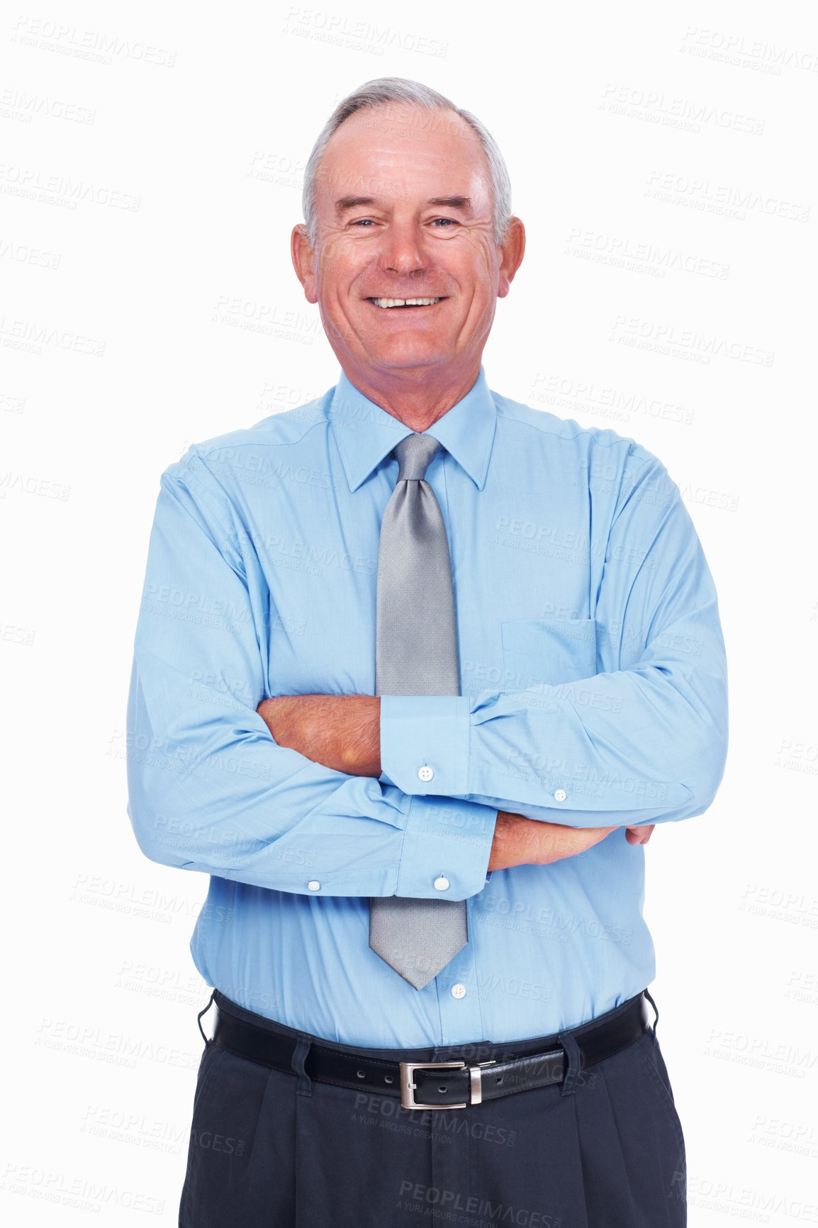 Buy stock photo Portrait of smart mature business man smiling over white background with hands folded