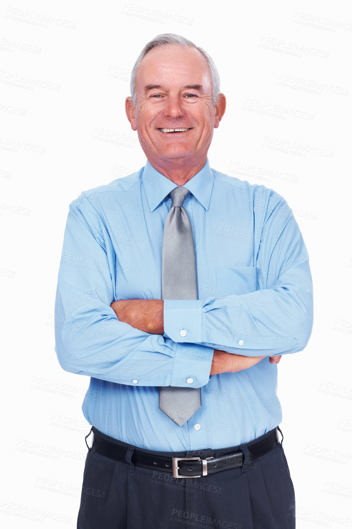 Buy stock photo Mature CEO, portrait and happy man with arms folded for career experience, pride or laugh. Face, smile and confident financial executive, boss and business manager on white studio background in USA