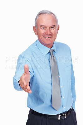 Buy stock photo Portrait of happy mature business man extending hand to shake over white background
