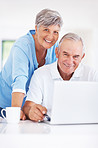 Happy mature couple using laptop at home