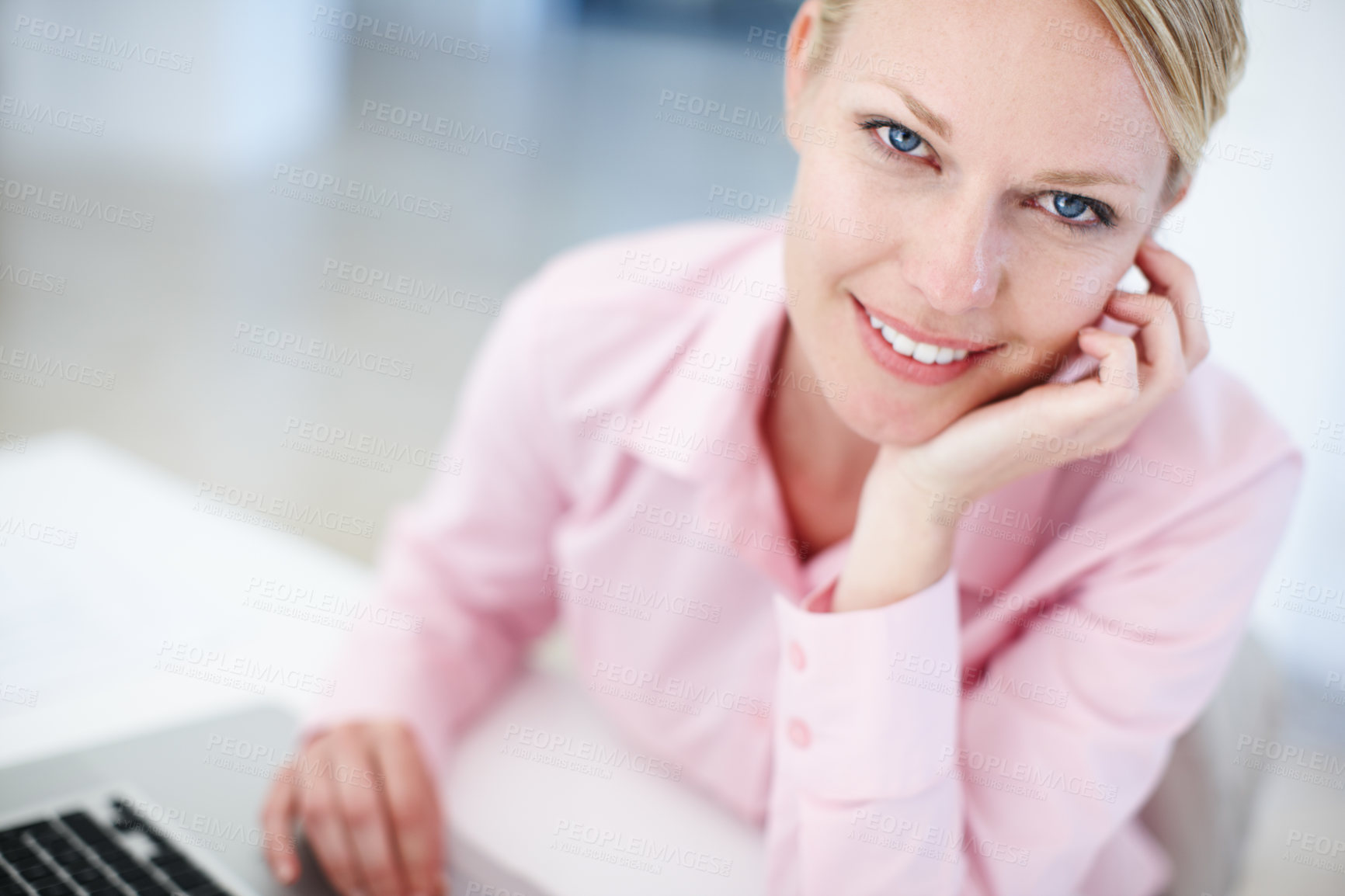 Buy stock photo Happy woman, portrait and journalist with laptop for email, communication or content at office. Young, female person or secretary with smile, computer or technology for administration at workplace