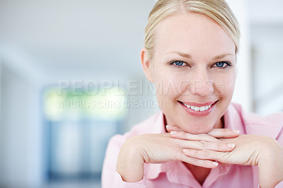 Buy stock photo Portrait, smile and woman in office with confidence, space or opportunity for real estate agent. Professional seller, realtor or property consultant with pride, happy face or rent at agency in Sweden