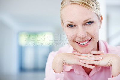 Buy stock photo Portrait, smile and woman in office with space, confidence or opportunity for real estate agent. Professional seller, realtor or property consultant with pride, happy face or rent at agency in Sweden