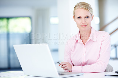 Buy stock photo Portrait, confidence and woman in office with laptop, business plan and real estate agent. Computer, realtor and property consultant at desk with pride, admin and online schedule at agency in Germany