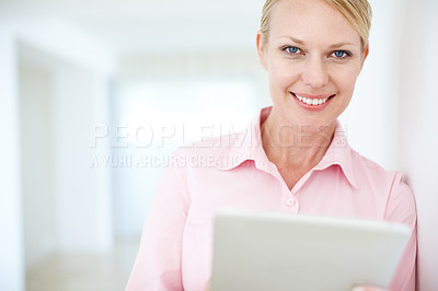 Buy stock photo Happy woman, portrait and research with tablet for business, communication or social media at office. Young, female person or employee with smile on technology for online app or network at workplace