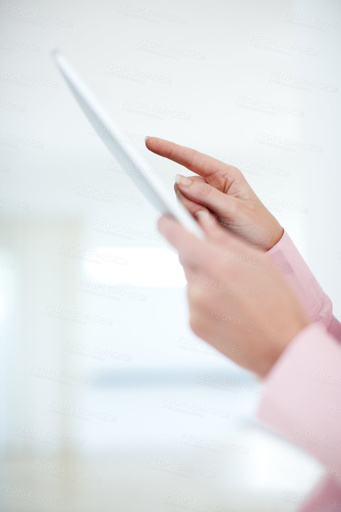 Buy stock photo Woman, hands and touch with tablet for browsing, research or software app for news or social media at office. Closeup, female person or employee with technology, pointing or scrolling for interaction