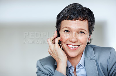 Buy stock photo Corporate, phone call and portrait with mature woman in office for professional communication or management. Business, company and executive with smile of confident employee person in workplace