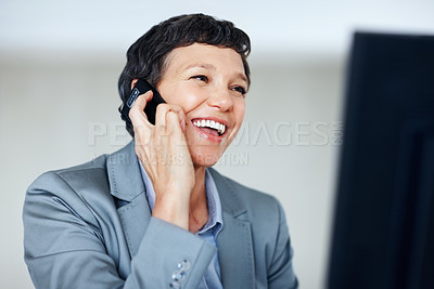 Buy stock photo Business, computer and phone call with mature woman at desk in office for professional communication or management. Conversation, corporate and smile with employee person in workplace for networking