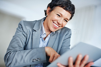 Buy stock photo Business, smile and tablet with mature woman in office for professional administration career. Company, corporate and management with confident employee person in workplace for online research