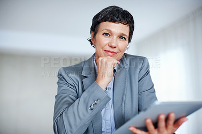 Buy stock photo Portrait, tablet and thinking with mature businesswoman in office for professional management career. Company, strategy and technology with confident employee person in workplace for administration