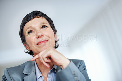 Buy stock photo Mature woman, thinking and idea for business development, career ambition and professional in office. Accountant, vision and work experience for financial knowledge, management and confident employee