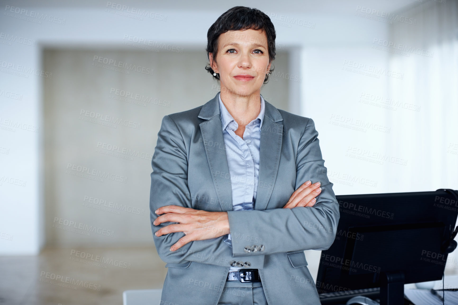 Buy stock photo Arms crossed, corporate and portrait with mature woman at desk in office for professional management career. Business, company and executive with confident employee person at work for empowerment