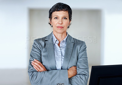 Buy stock photo Arms crossed, portrait and serious with mature businesswoman in office for professional management career. Company, confident and corporate with proud employee person in workplace for empowerment