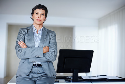 Buy stock photo Mature, business and woman with confidence for portrait of professional career, management experience and executive. Proud, employee and arms crossed with corporate ambition, office desk and welcome