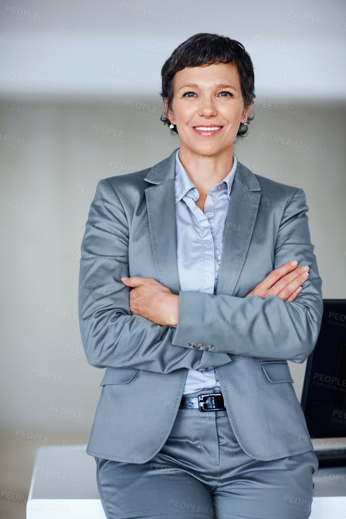 Buy stock photo Smile, business and woman with confidence for portrait of executive career, management and experience. Proud, mature and employee with arms crossed for corporate ambition, office desk and opportunity