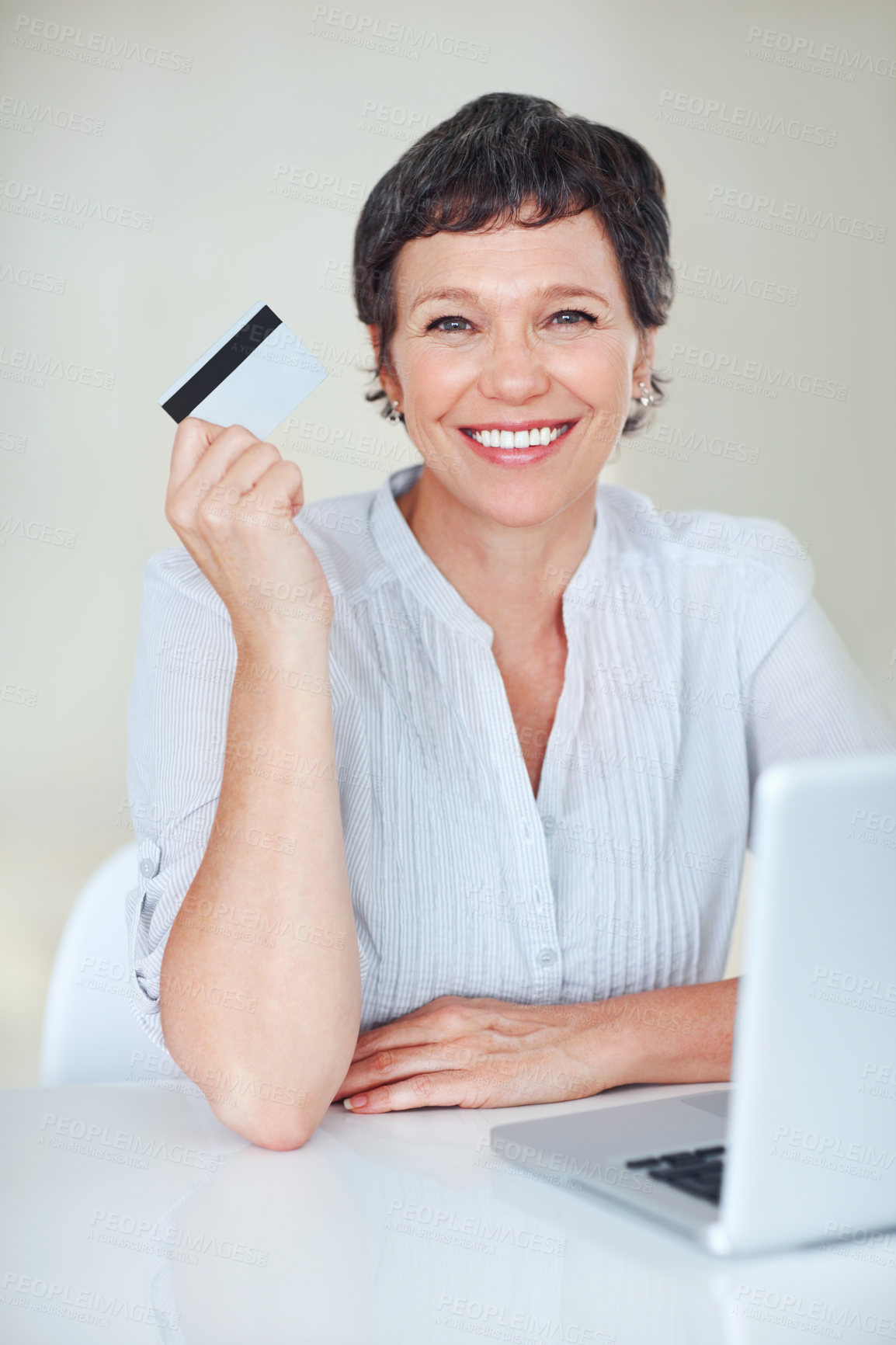 Buy stock photo Office, portrait and businesswoman with laptop for credit card, online banking and financial score success. Mature person, shopping and happy with debit for transaction, digital payment or connection