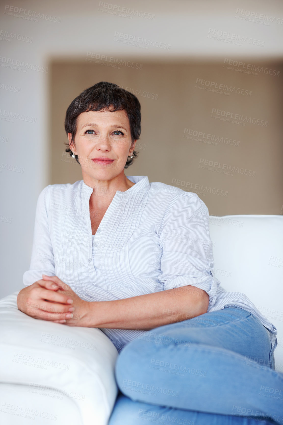 Buy stock photo Mature woman, relax and thinking on sofa in home with nostalgia, memory and daydreaming. Person, thoughtful and reflection on couch in living room with wondering, contemplating and remember in house