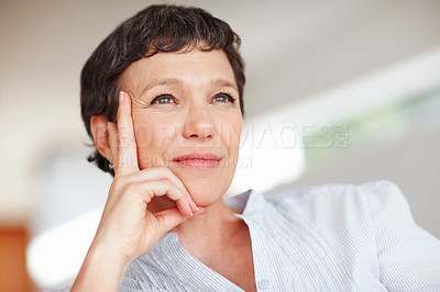 Buy stock photo Mature woman, reflection and thinking on sofa in home with nostalgia, memory and daydreaming. Person, thoughtful and relax on couch in living room with wondering, contemplating and remember in house