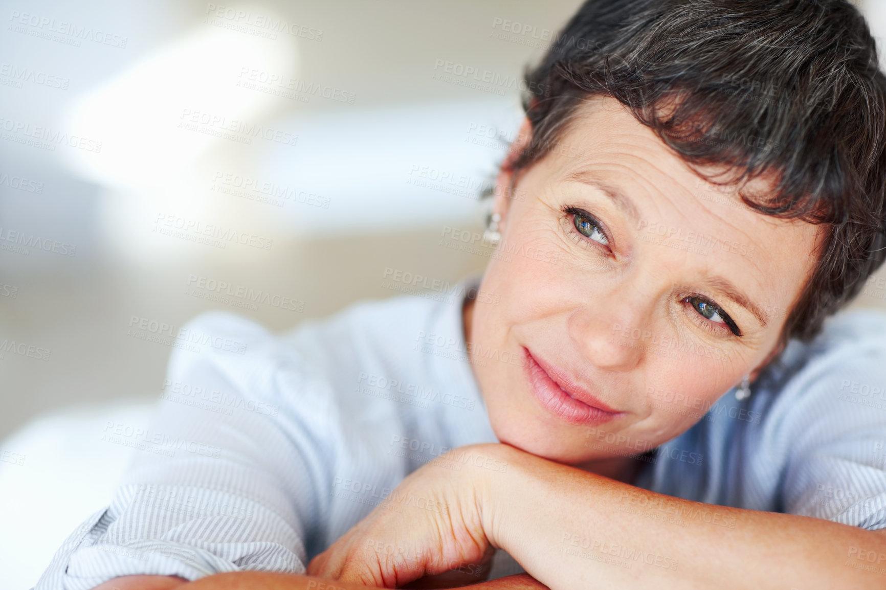 Buy stock photo Mature woman, ideas and thinking on sofa in home with nostalgia, memory and daydreaming. Person, thoughtful and reflection on couch in living room with wondering, contemplating and remember in house