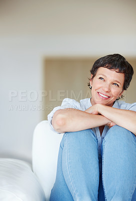 Buy stock photo Happy, mature woman or thinking with dream, ambition or vision for morning, day or break at home. Female person, adult or relax with smile in wonder or contemplating activities for holiday or weekend