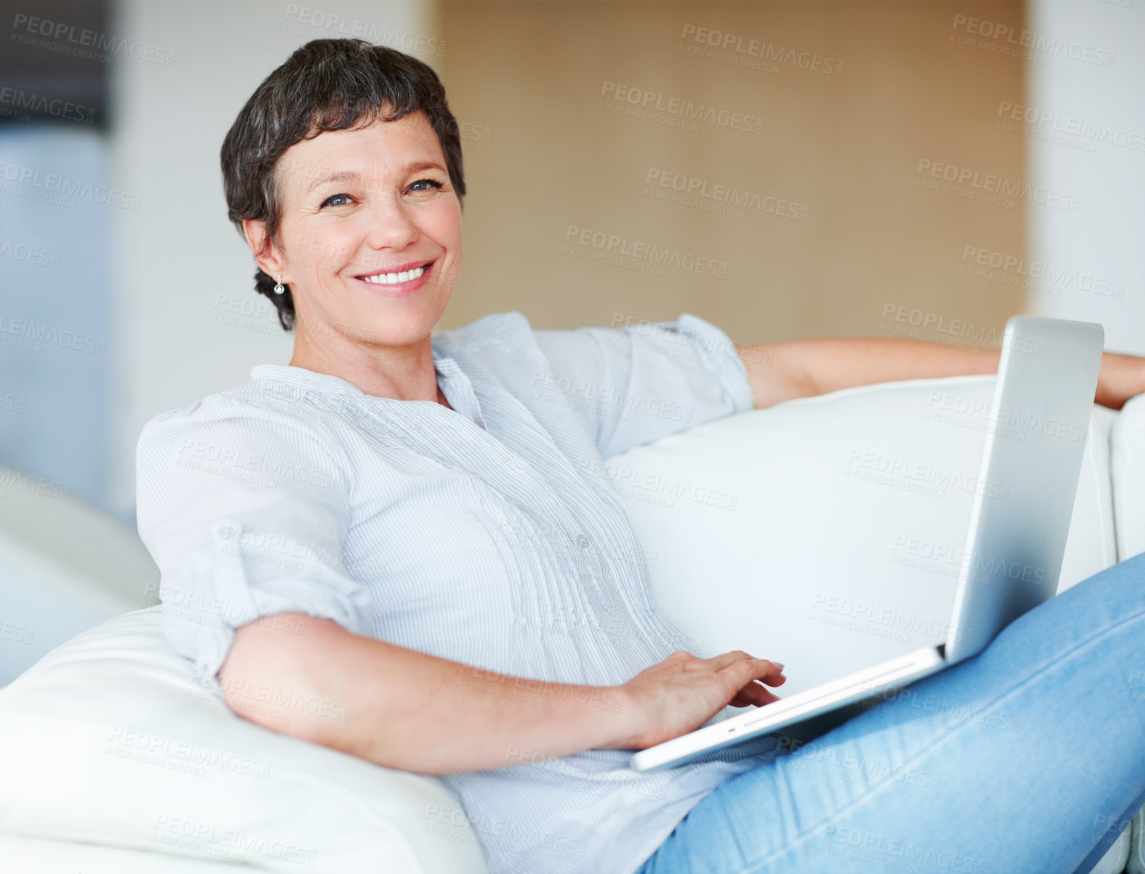 Buy stock photo Mature woman, laptop and portrait for relax, break and remote work as freelance copywriter. Female person, happiness and technology with project for web agency as creative or digital nomad in home