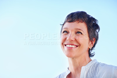 Buy stock photo Closeup mature business woman smiling looking at something