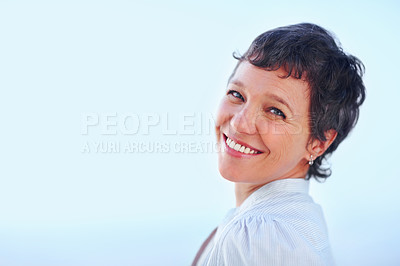 Buy stock photo Closeup portrait of beautiful business woman smiling over white background