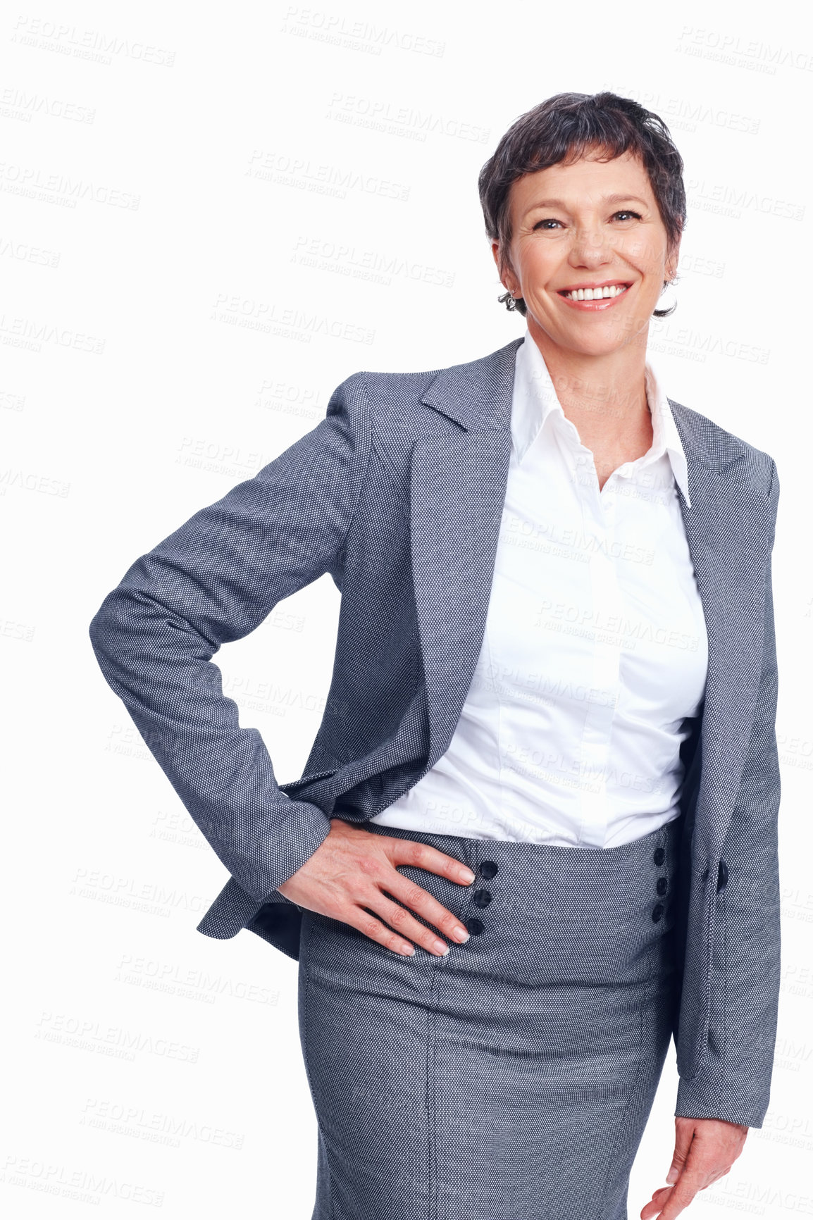 Buy stock photo Portrait, confident and happy business woman with expert experience, pride or corporate career. Boss, smile and financial executive, manager or mature ceo in suit on white studio background in Canada