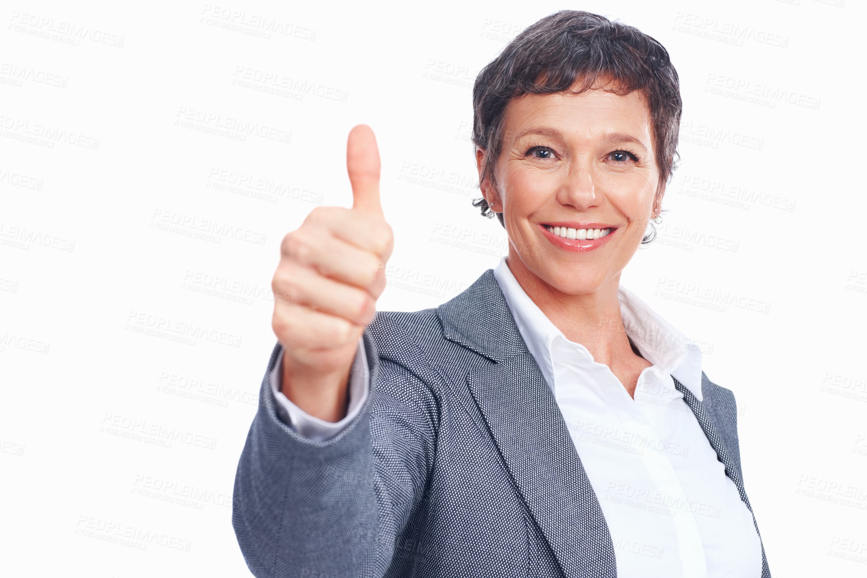 Buy stock photo Portrait, thumbs up and happy business woman with emoji, support gesture or success. Face, mature manager and like hand sign for excellence, quality and feedback on white studio background in France