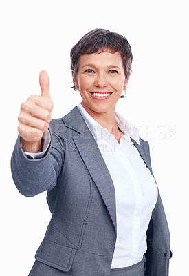 Buy stock photo Smile, thumbs up and portrait of business woman with emoji, support gesture or success. Face, mature manager and like hand sign for excellence, quality or feedback on white studio background in USA