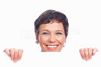 Buy stock photo Portrait, mature woman and billboard for advertising on mock up space or white background. Female person, poster and financial advisor in investment, information and insurance sales as career in USA