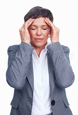 Buy stock photo Employee, woman and eyes closed with headache in studio for deadline, stress and overworked in white background. Female person, business and isolated with migraine, strain and frustration or worried