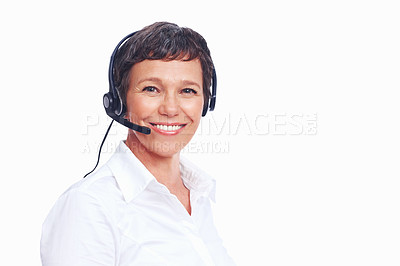 Buy stock photo Portrait, mature and business woman with call center, smile and headset in mockup space as consultant. Female person, pride and career in tech support, help or advice on white background in Australia